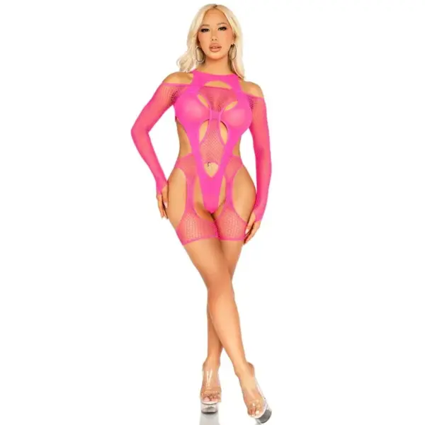 LEG AVENUE - NETBODYSTOCKING MET JARRETELGORDEL EN TUIGJE IN NEONROZE