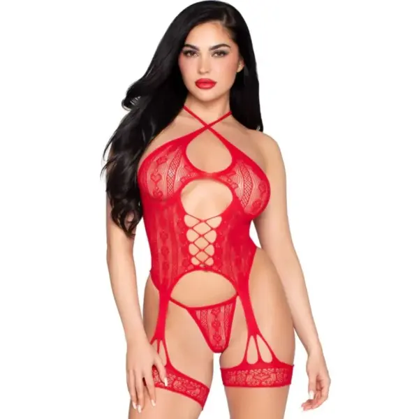 LEG AVENUE - 89338 KANTEN OPEN BODYSUIT MET JARRETELLENBAND + TRINLET ROOD - ONE SIZE