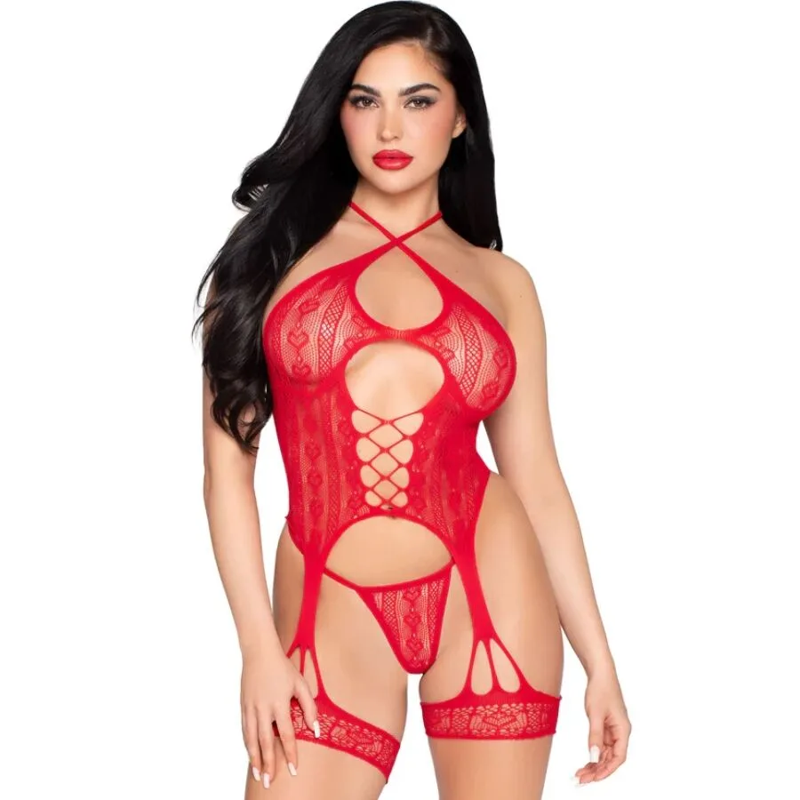 LEG AVENUE - 89338 KANTEN OPEN BODYSUIT MET JARRETELLENBAND + TRINLET ROOD - ONE SIZE