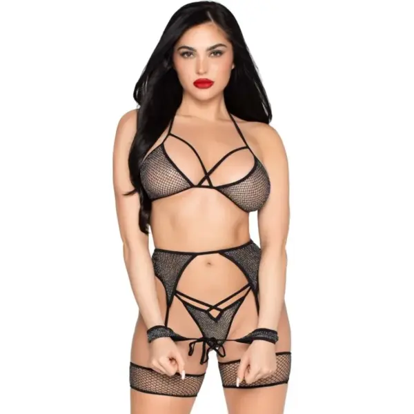 LEG AVENUE - 89362 TOP + STRONG + JARRETELLE BELT + HANDBOEIEN SET ZWART - ONE SIZE