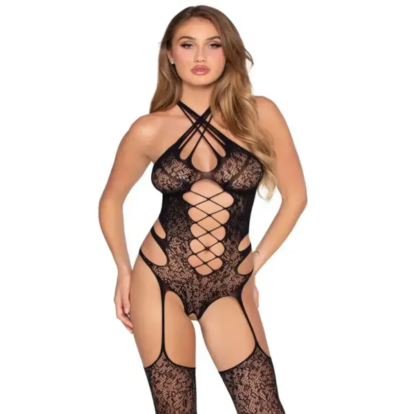 LEG AVENUE - 89367 KANTEN HALTER TEDDY MET KOUSEN ZWART - ONE SIZE