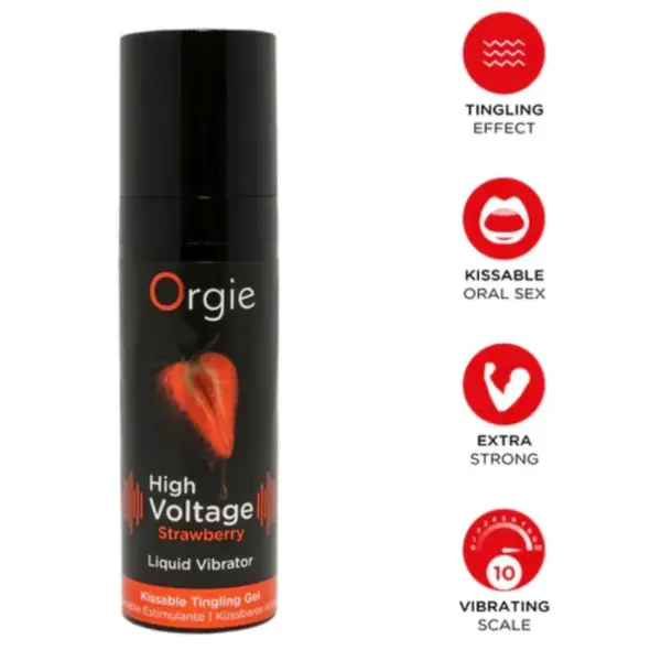 ORGIE - HIGH VOLTAGE STRONG KISSABLE LIQUID VIBRATOR MET AARDBEI-SMAAK, EXTRA STERK, KUSBAAR, 15 ML