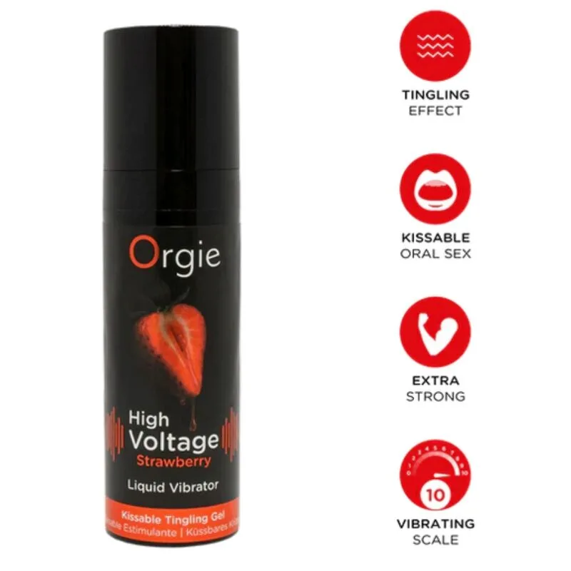 ORGIE - HIGH VOLTAGE STRONG KISSABLE LIQUID VIBRATOR MET AARDBEI-SMAAK, EXTRA STERK, KUSBAAR, 15 ML