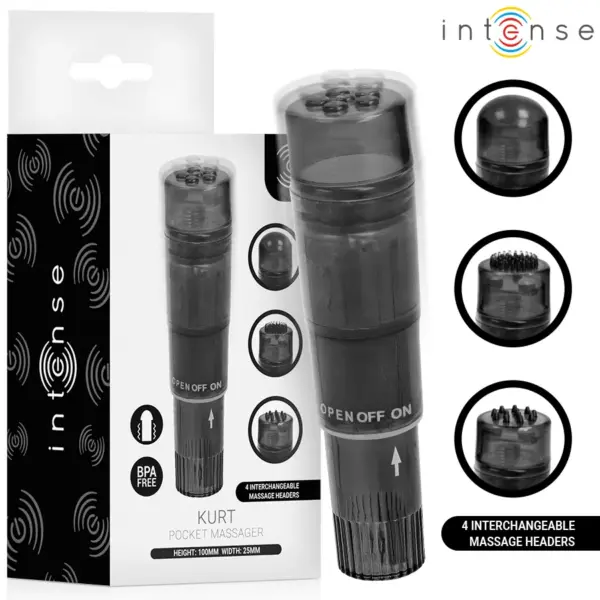INTENSE - KURT MINI MASSAGEAPPARAAT MET 4 VERWISSELBARE OPZETSTUKKEN ZWART